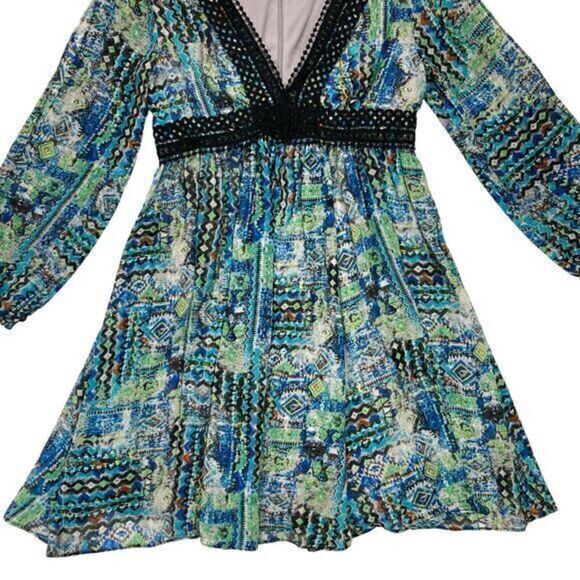 Betsey Johnson Dress Womens 6 Blue Green Black Crochet Trim Boho Whimsigoth Midi - Picture 6 of 16